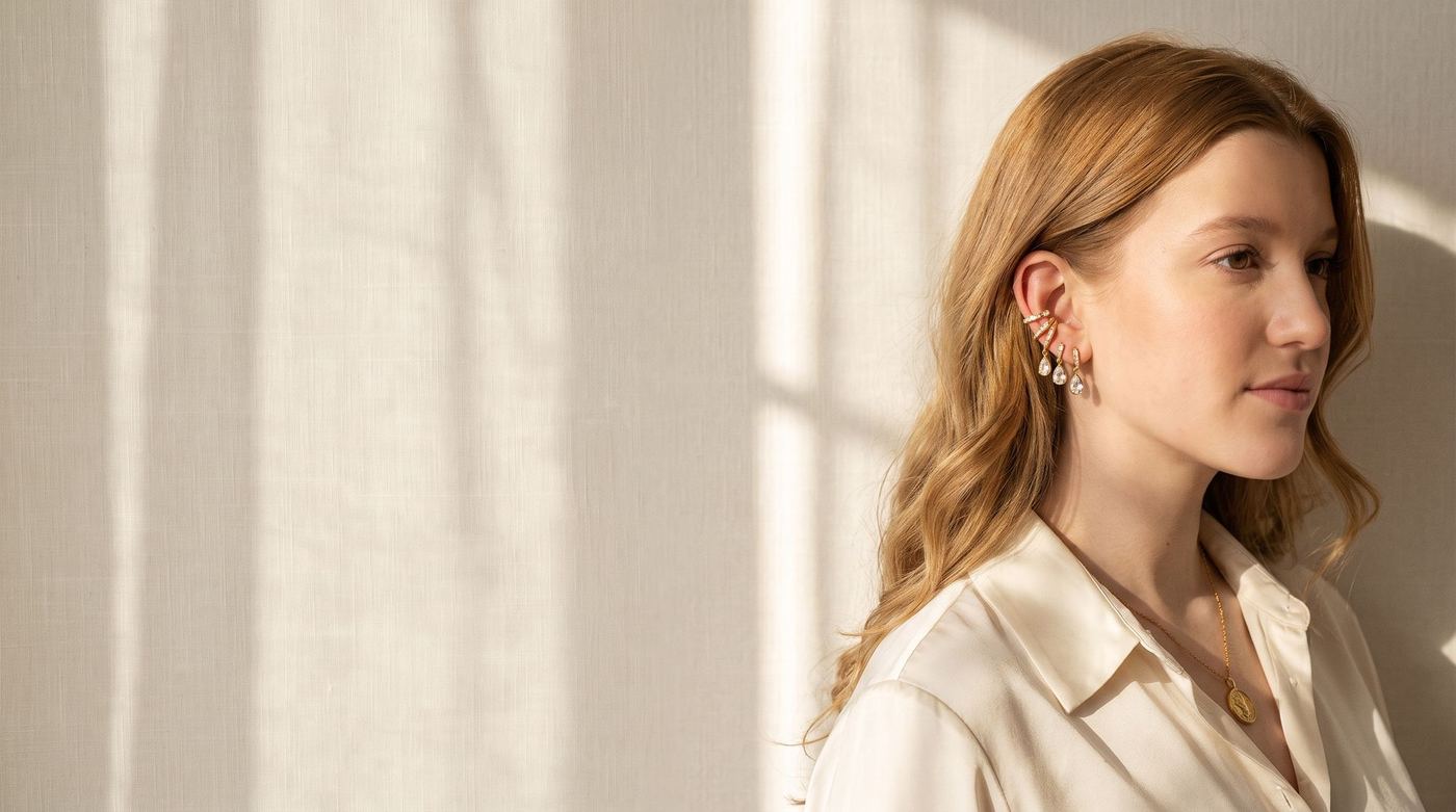 Frau mit goldenen Ear Cuffs und Medaillon-Kette im Sonnenlicht an einer hellen Wand